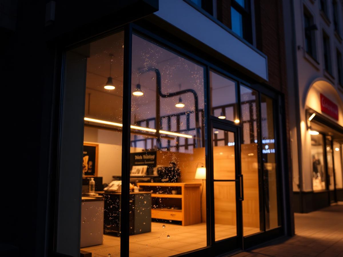 Clean glass storefront lit from inside at dusk