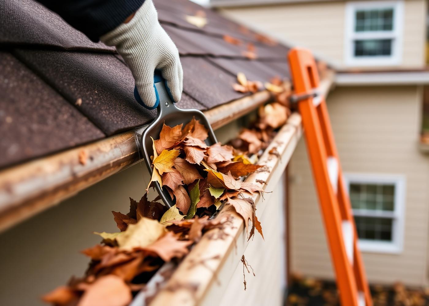 Gloved hand scooping wet autumn leaves out of a home's roof gutter