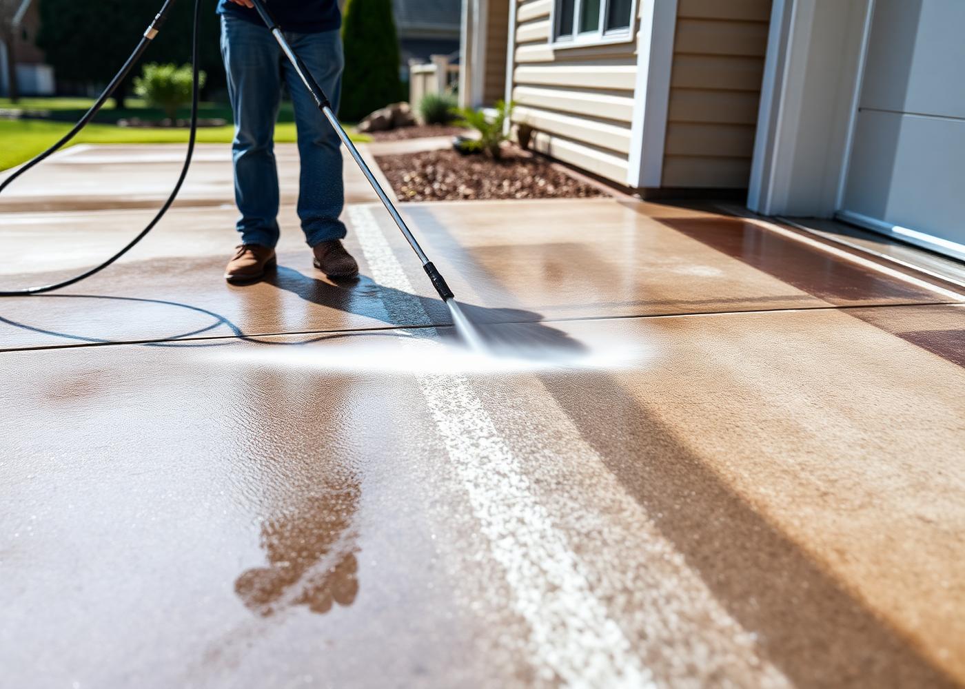 Pressure washer wand cutting a clean stripe across a dirty concrete driveway
